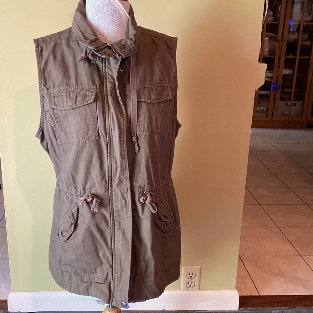 Sebby Drawstring Olive Green Military Utility Vest, Women’s Large, Zip and snaps